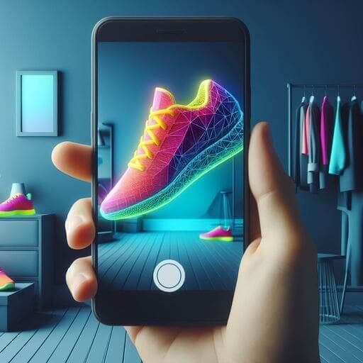 Neon coloured shoes floating in a room viewed through a smartphone lens