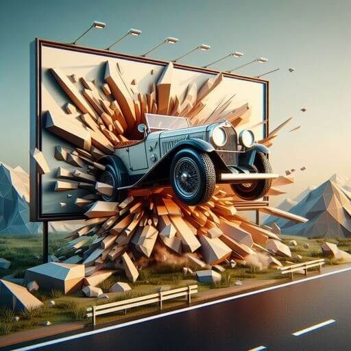 Vintage car breaking through road-side billboard